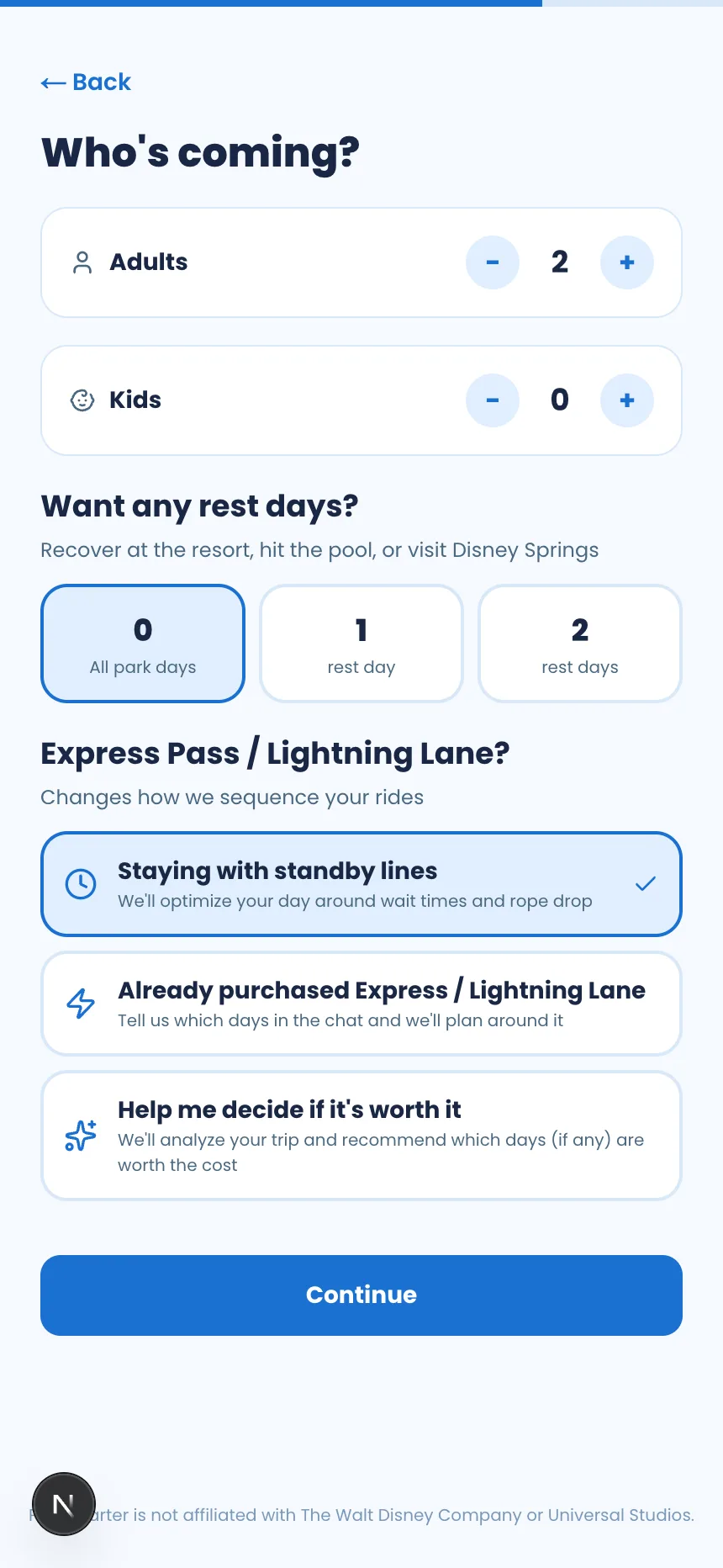 ParkCharter onboarding preferences